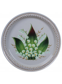 RUSSIAN HANDPAINTED SERVING TRAY ZHOSTOVO ROUND 18 CM 7.1" WHITE LILY OF THE VALLEY