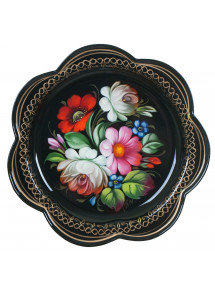RUSSIAN HANDPAINTED SERVING TRAY ZHOSTOVO DAISY 18 CM 7.1" BLACK SUMMER FORGET ME NOT