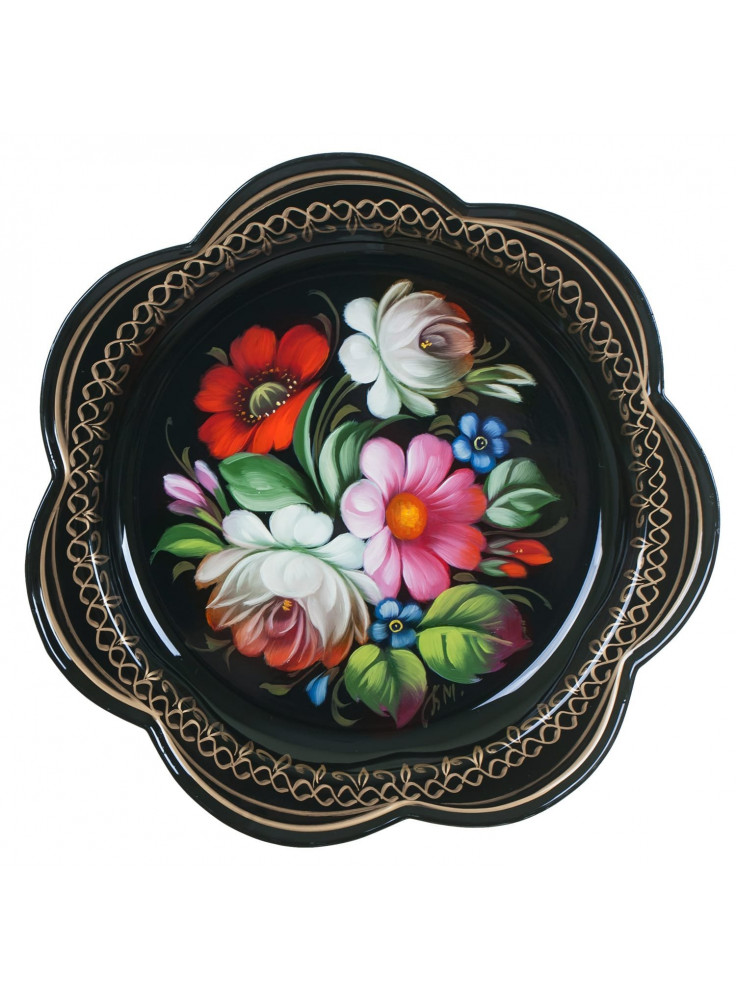 RUSSIAN HANDPAINTED SERVING TRAY ZHOSTOVO DAISY 18 CM 7.1" BLACK SUMMER FORGET ME NOT