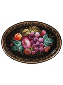 RUSSIAN HANDPAINTED SERVING TRAY ZHOSTOVO OVAL 17 CM 6.7" BLACK SUMMER GRAPES