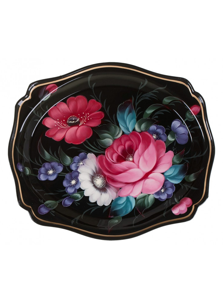 RUSSIAN HANDPAINTED SERVING TRAY ZHOSTOVO WAVY 20 CM 7.9" BLACK SUMMER FORGET ME NOT