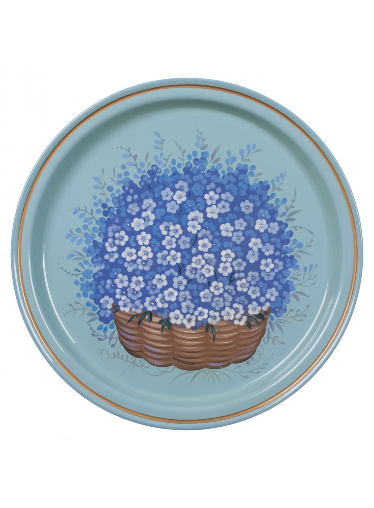 RUSSIAN HANDPAINTED SERVING TRAY ZHOSTOVO ROUND 22 CM 8.7" BLUE FORGET ME NOT