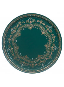 RUSSIAN HANDPAINTED SERVING TRAY ZHOSTOVO ROUND 30 CM 11.8" ORNAMENT LACE GREEN