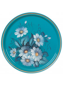 RUSSIAN HANDPAINTED SERVING TRAY ZHOSTOVO ROUND 30 CM 11.8" TURQUOISE DAISIES