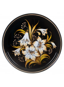 RUSSIAN HANDPAINTED SERVING TRAY ZHOSTOVO ROUND 30 CM 11.8" GOLDEN LILY