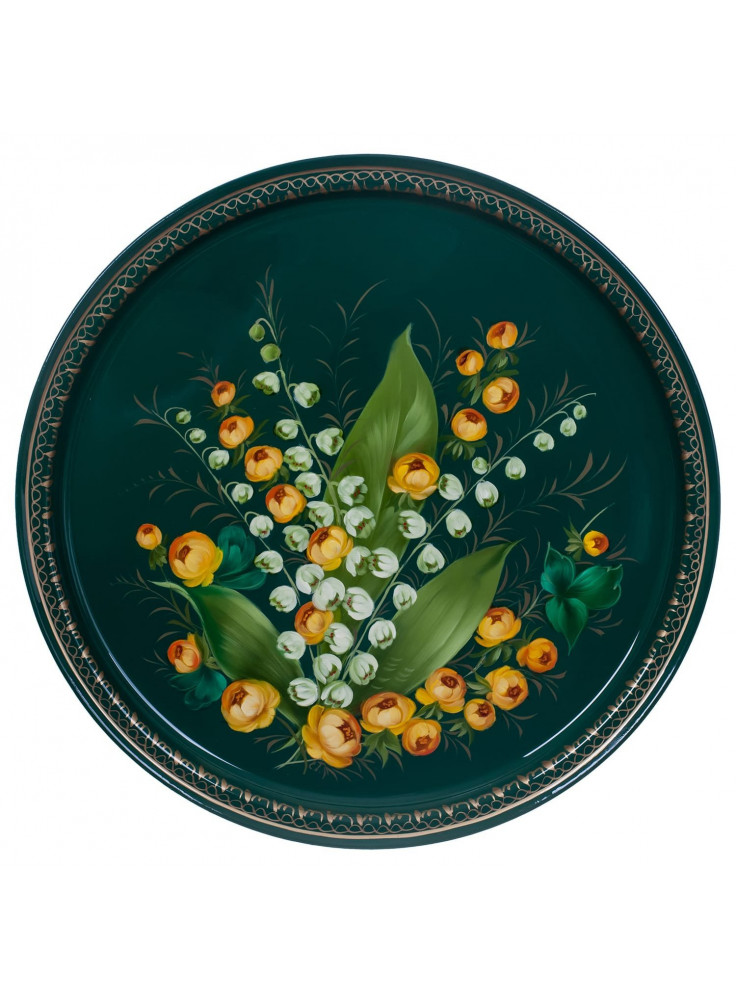RUSSIAN HANDPAINTED SERVING TRAY ZHOSTOVO ROUND 30 CM 11.8" MAY LILY