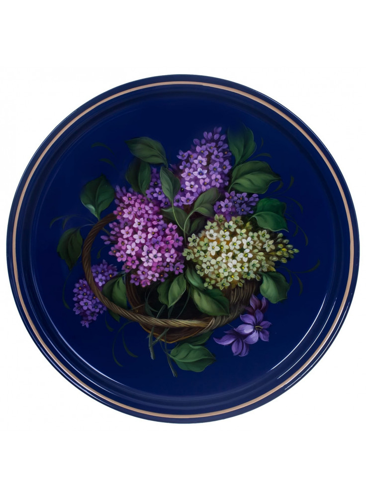 RUSSIAN HANDPAINTED SERVING TRAY ZHOSTOVO ROUND 30 CM 11.8" LILAC BOUQUET