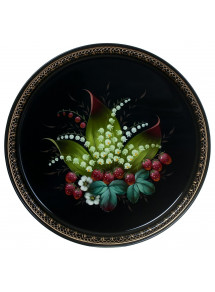 RUSSIAN HANDPAINTED SERVING TRAY ZHOSTOVO ROUND 30 CM 11.8" MAY LILY AND STRAWBERRY