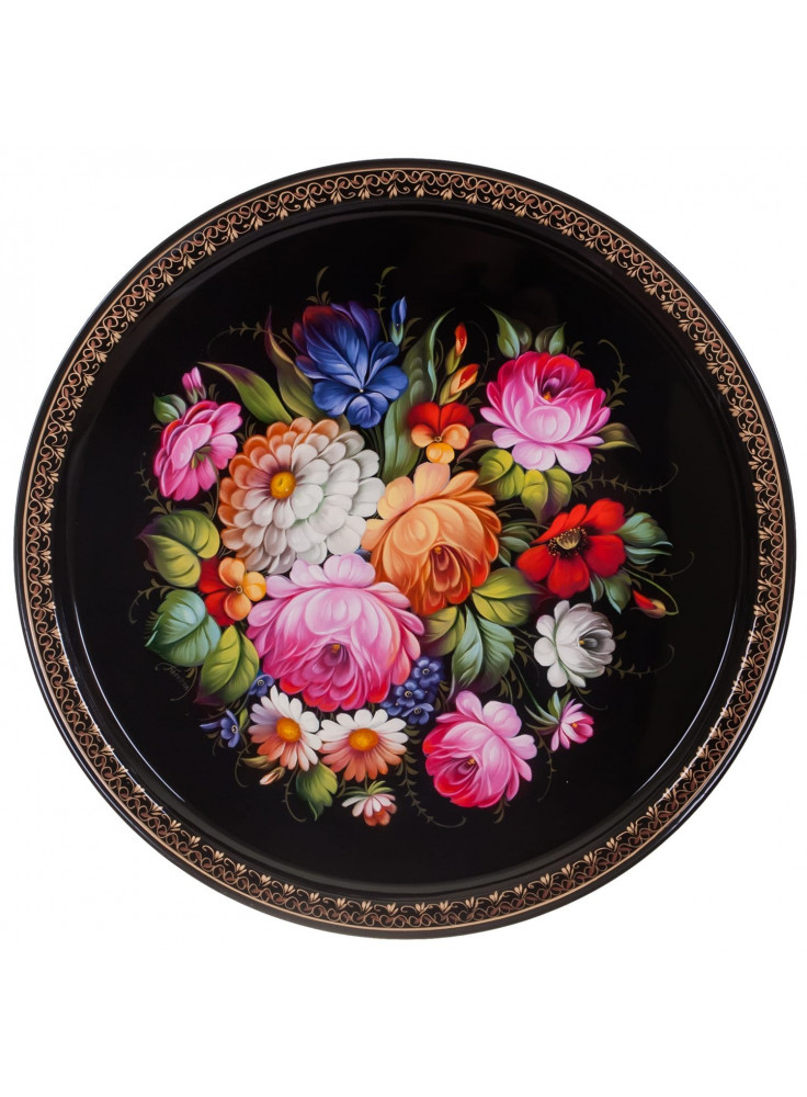 RUSSIAN HANDPAINTED SERVING TRAY ZHOSTOVO ROUND 50 CM 19.7" BOUQUET