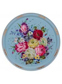 RUSSIAN HANDPAINTED SERVING TRAY ZHOSTOVO ROUND 50 CM 19.7" BOUQUET SKY BLUE