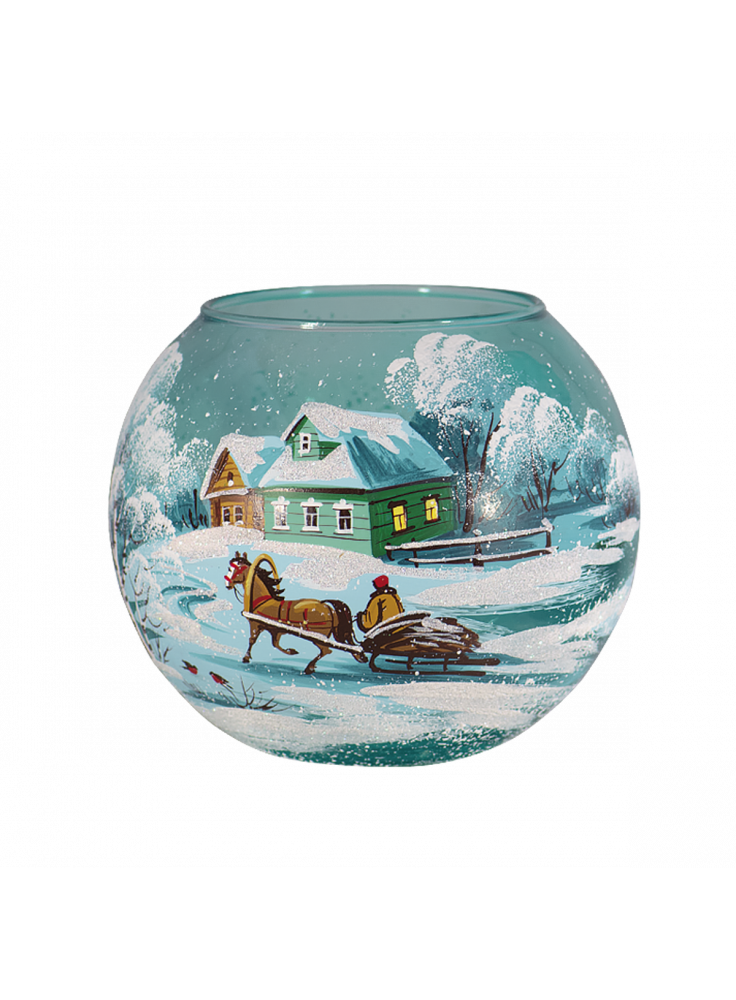 CHRISTMAS DECORATIVE GLASS HANDPAINTED CANDLE HOLDER WINTER VILLAGE