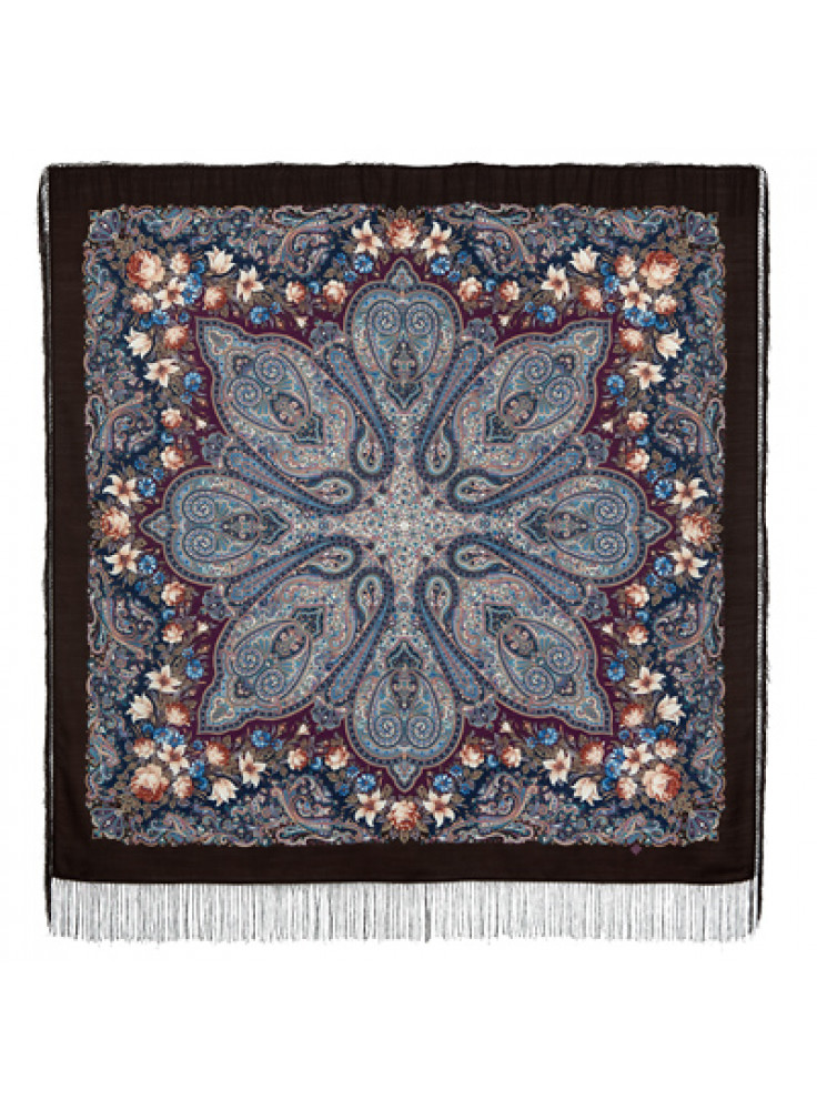 Russian Woolen Pavlovo Posad Scarf Shawl 146x146 Silk Fringe Flower Kaleidoscope Brown
